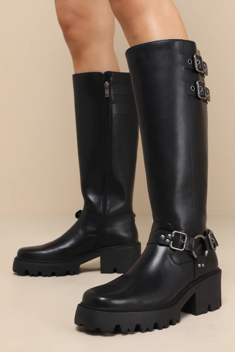 Adlery Black Belted Knee-High Moto Boots | Lulus