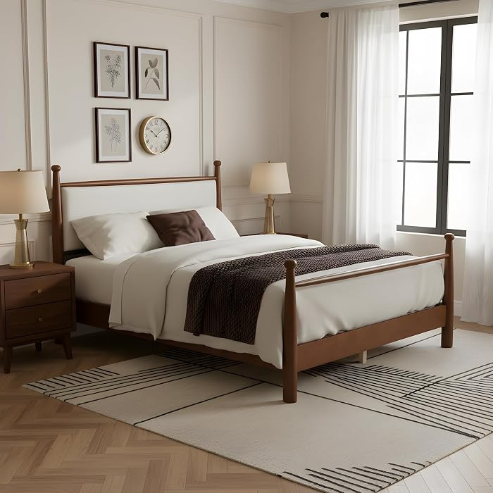 Merax Modern Queen Size Solid Wood Platform Bed with Upholstered Headboard, Mid-Century Low Bed F... | Amazon (US)