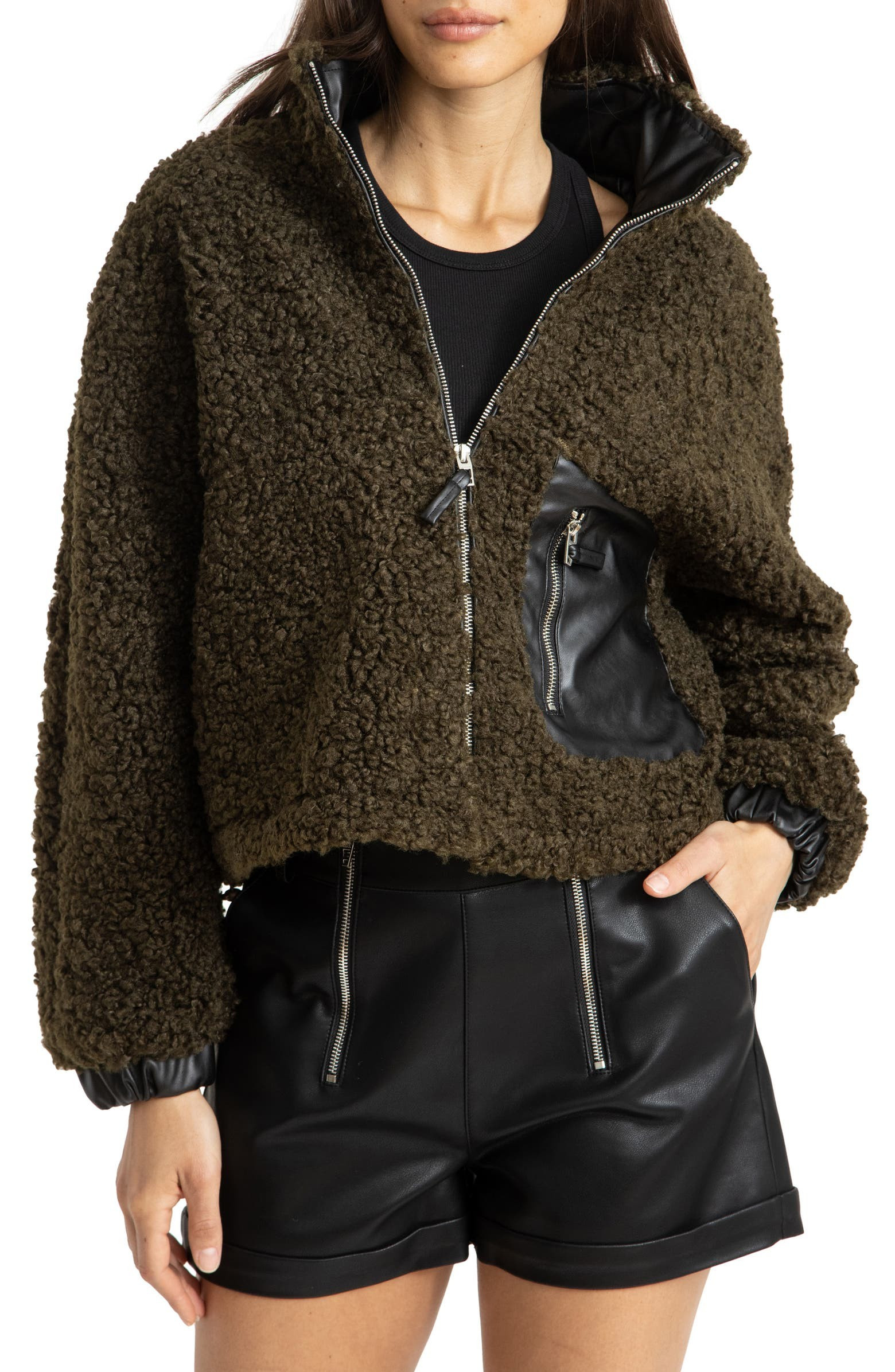 Faux Shearling with Faux Leather Trim Bomber Jacket | Nordstrom | Nordstrom