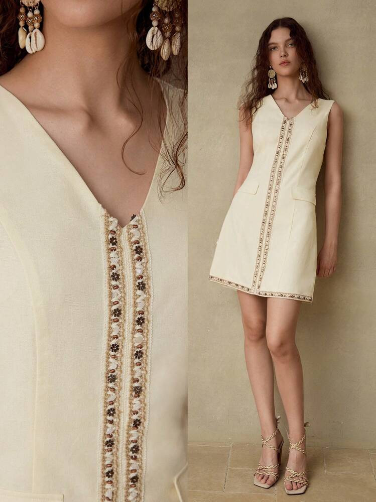 MOTF PREMIUM LINEN CONTRAST TAPE ZIPPER DRESS | SHEIN