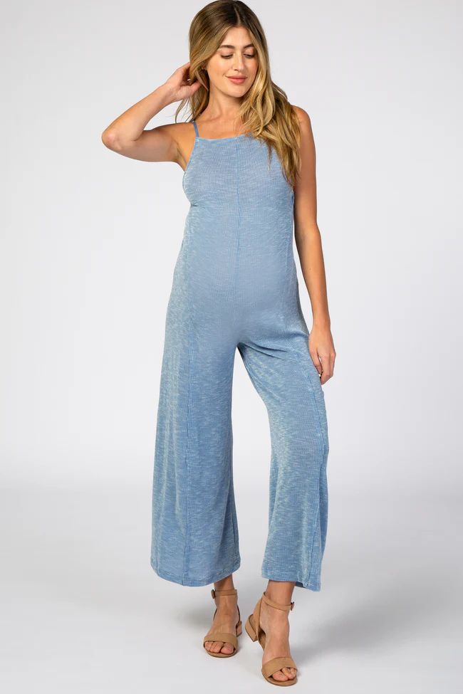 Blue Ribbed Wide Leg Maternity Jumpsuit | PinkBlush Maternity