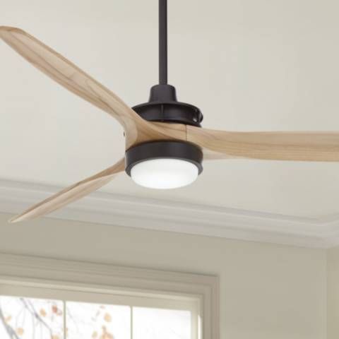 52" Windspun Matte Black and Natural Wood LED Ceiling Fan with Remote - #048A1 | Lamps Plus | Lamps Plus