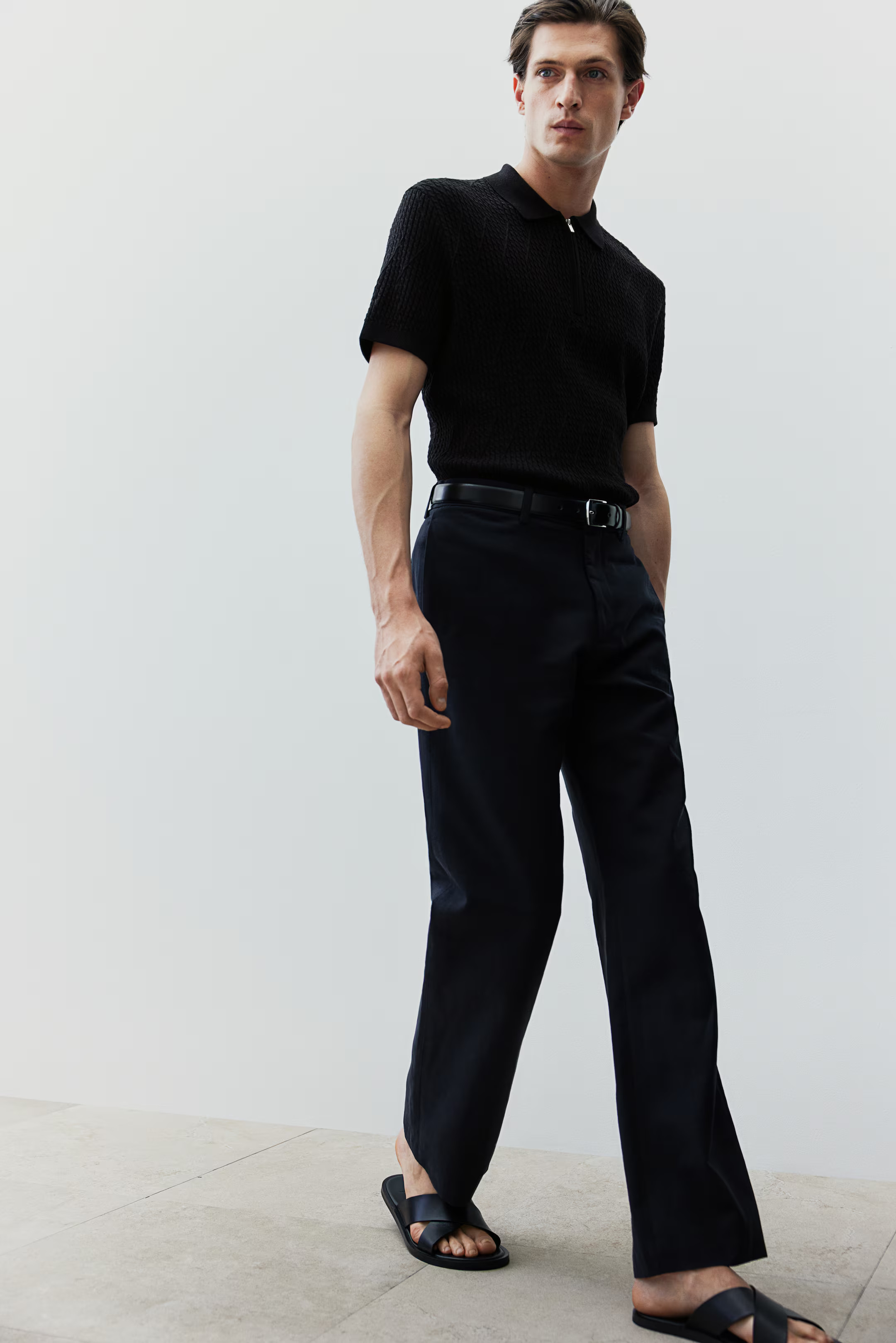 Slim Fit Cable-knit Polo Shirt - Short sleeve - Regular length - Black - Men | H&M US | H&M (US + CA)