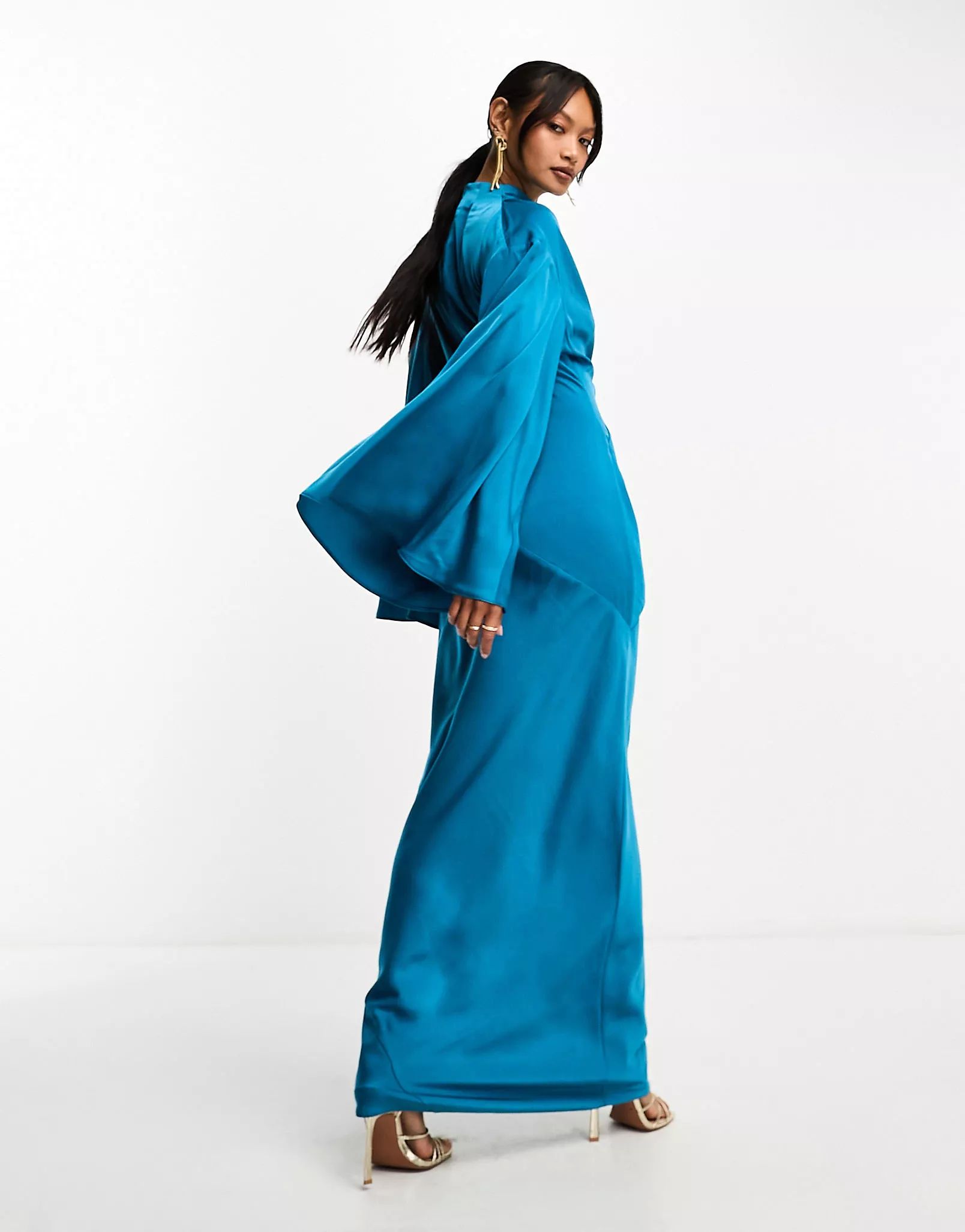 ASOS DESIGN satin wrap maxi dress with drape bodice and kimono sleeve in ink blue | ASOS (Global)