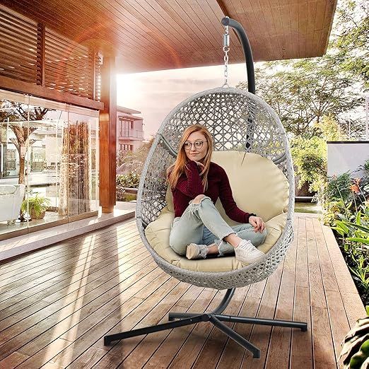 PRIVATE GARDEN Large Hanging Egg Chair with Stand Upgraded Wicker Egg Swing Chair Outdoor Indoor ... | Amazon (US)