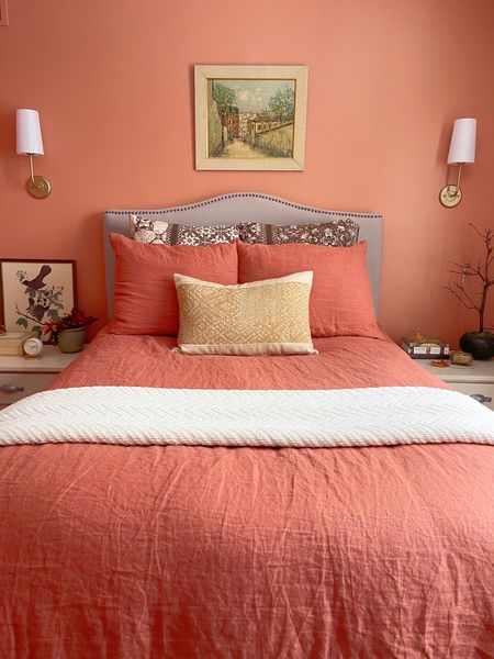 Terra cotta bedding, upholstered headboard, colorful bedroom, elegant bedroom

#LTKhome #LTKunder100