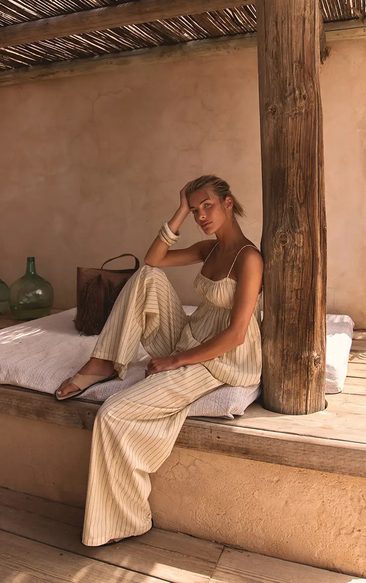 Yellow Pinstripe Cotton Ruched Bust Top | PrettyLittleThing UK