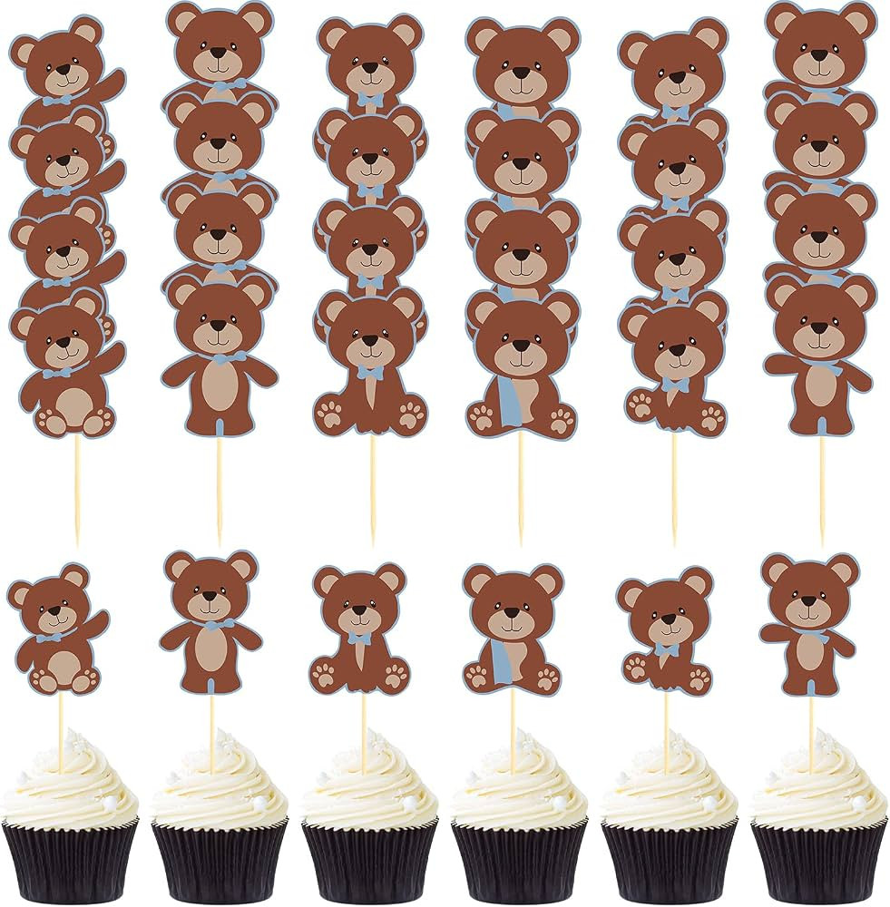 48 Pieces Bear Cupcake Cake Toppers Bear Cupcake Toppers Blue Bear Themed Baby Shower Decorations... | Amazon (US)