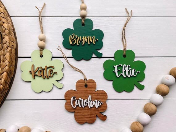 Personalized St. Patrick’s Day Tags - Wooden Laser Cut Name Tags - 4 Leaf Clover Tags - Shamroc... | Etsy (US)