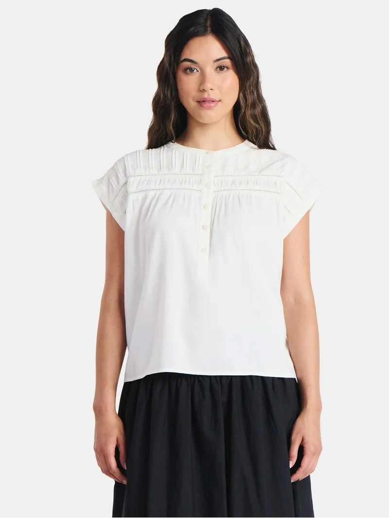 Time and Tru Women's Pintuck Blouse with Short Sleeves, Sizes XS-XXXL | Walmart (US)