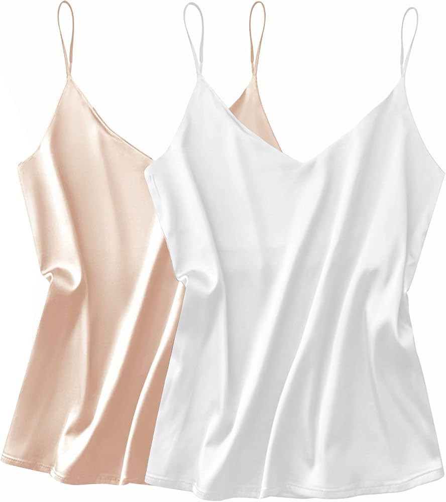 Ekouaer Womens Silk Satin Tank Top 2 Pack V Neck Basic Camisole | Amazon (US)