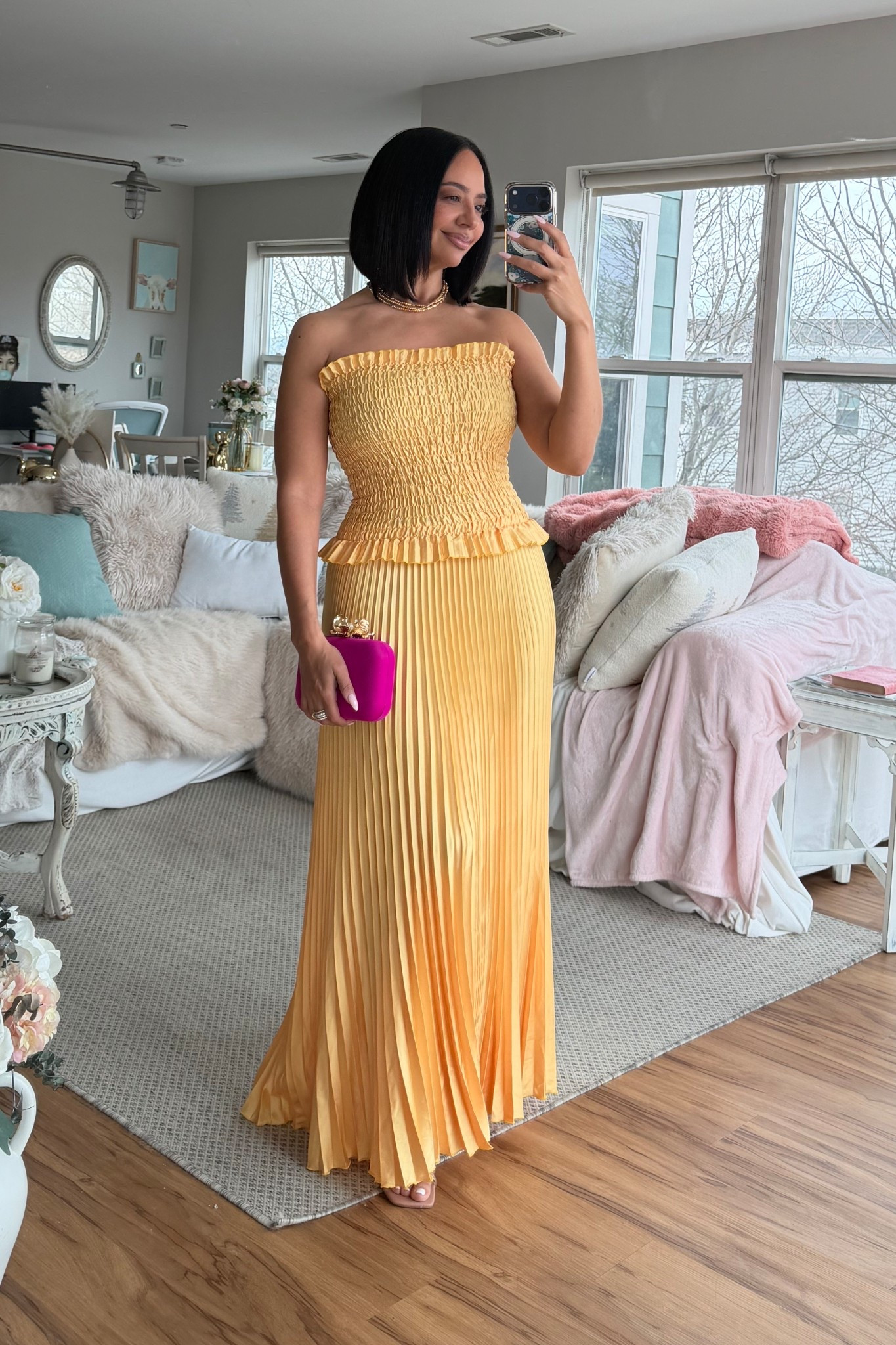 SPRING WEDDING GUEST DRESS 🧡 This gorgeous melon color strapless gown with the pleats. Stunning. Fits true to size. 

#LTKPetite #LTKOver40 #LTKWedding