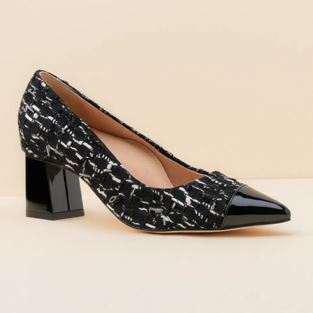 [Limited Edition FW'25] Black Fancy Tweed Cap Toe Lower Block Heel Pump | ALLY Shoes