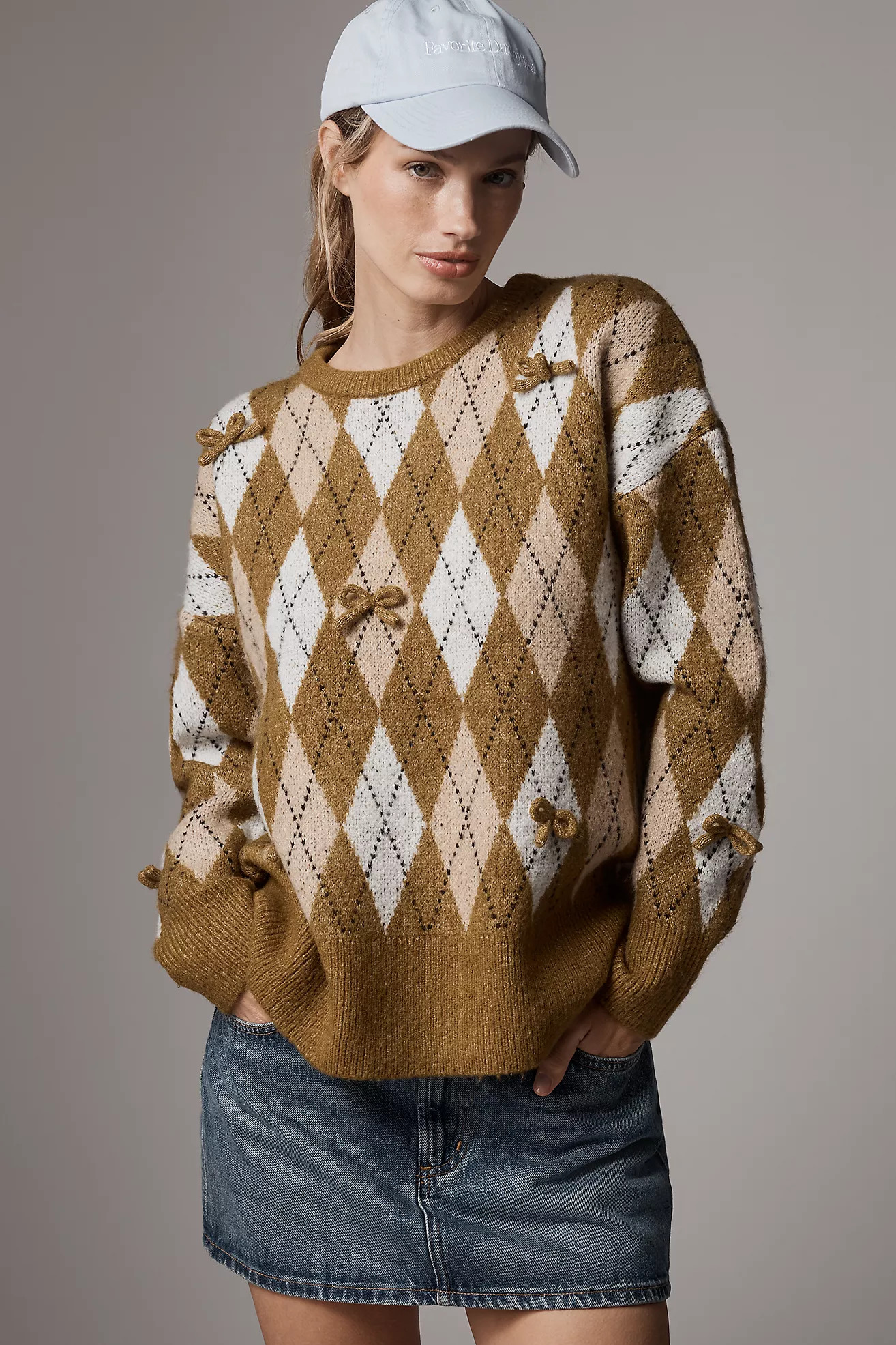 Maeve 3D Bow Argyle Crew-Neck Sweater | Anthropologie (US)