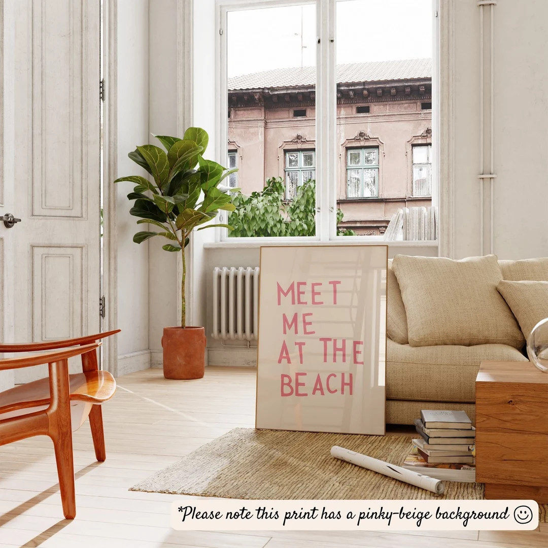 Meet Me at the Beach Print Trendy Coastal Art Pink Typography Poster Beach House Decor Ocean Wall... | Etsy (US)