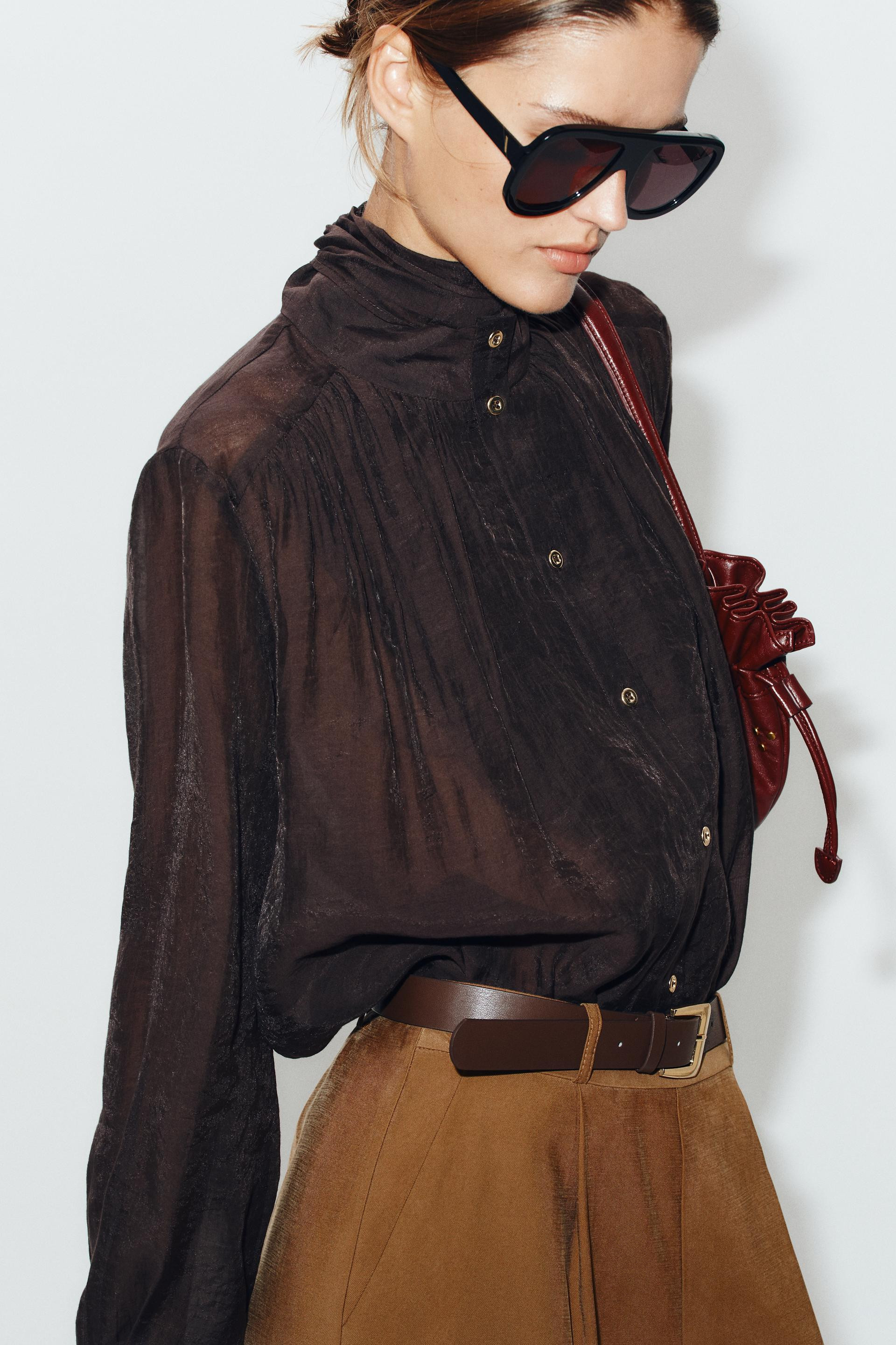 Zara - Scarf Shirt - Brown - Xs - Woman | Zara US