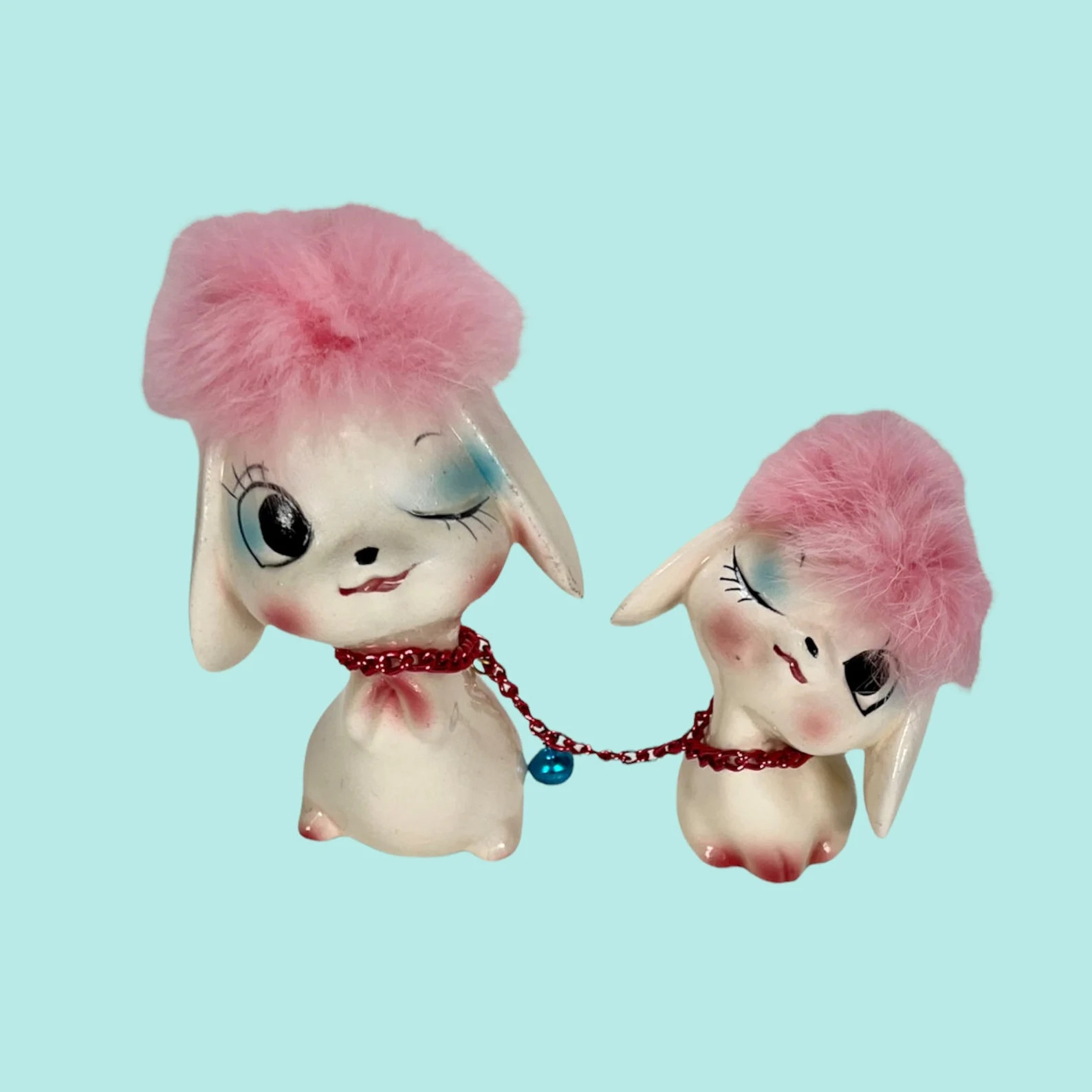 Vintage Japan Kitsch Big Eye Wink Furry Puppy Dog Figurines Pink Fur Hair Blue Eye Shadow MCM - E... | Etsy (US)