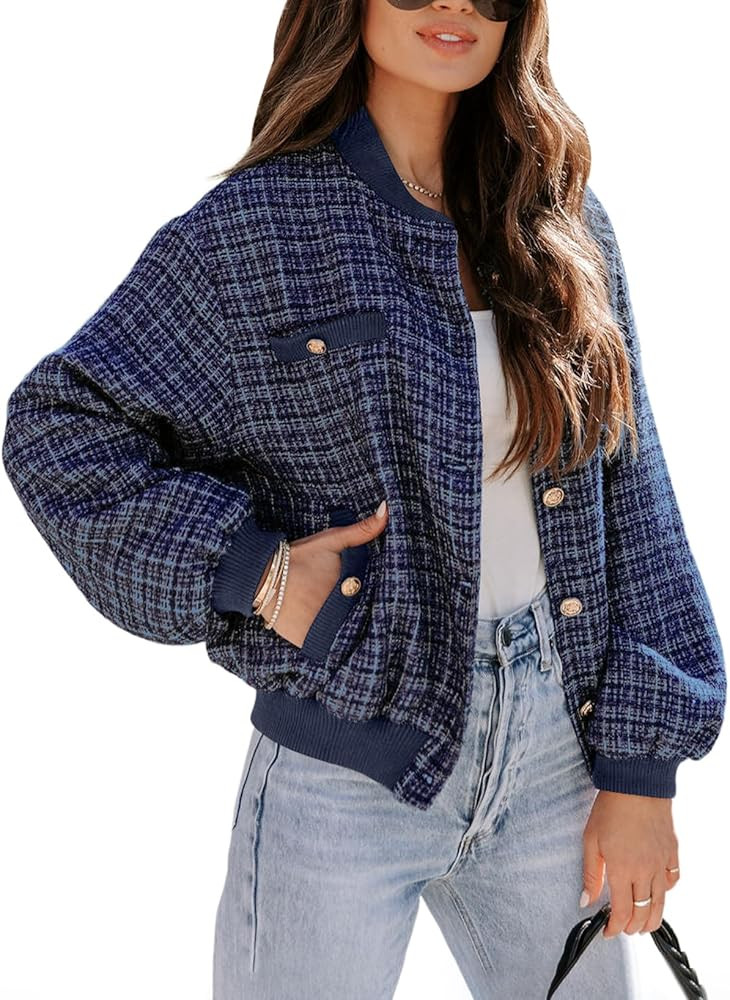 EVALESS Fashion Jacket for Women 2024 Fall Winter Trendy Button Short Shacket Long Sleeve Plaid C... | Amazon (US)