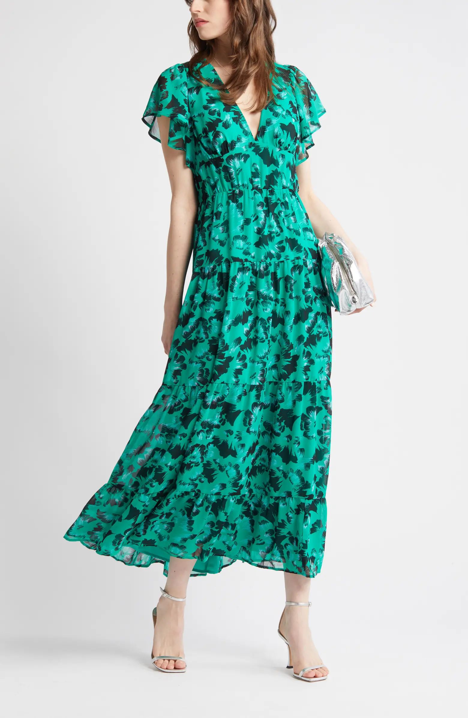 Floral Flutter Sleeve Tiered Chiffon Maxi Dress | Nordstrom