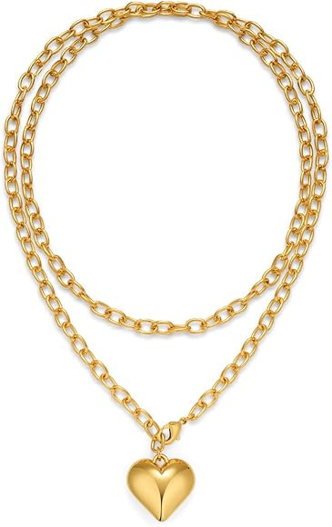 CLASSYZINT Gold Heart Pendant Necklace for Women Puffy Heart Necklace Beads Chain Necklace Statem... | Amazon (US)