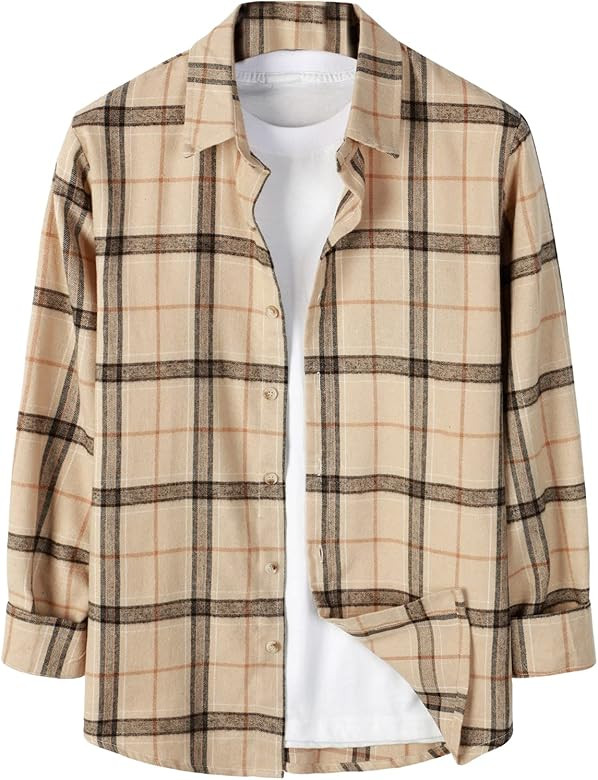 Floerns Men's Plaid Print Long Sleeve Button Front Casual Shirt Tops Khaki L at Amazon Men’s Cl... | Amazon (US)
