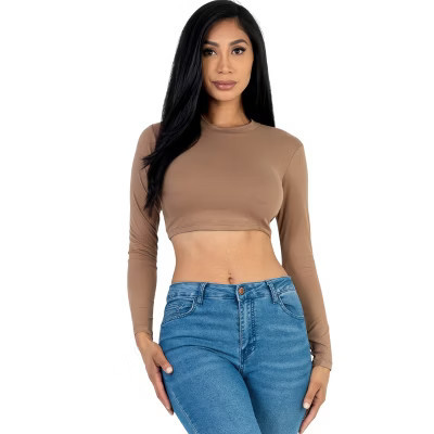 Slickblue Women's Long Sleeve Cropped Top, Crew Neck, Stretch Jersey, Casual Fit, Coca Mocha, Size S | Target
