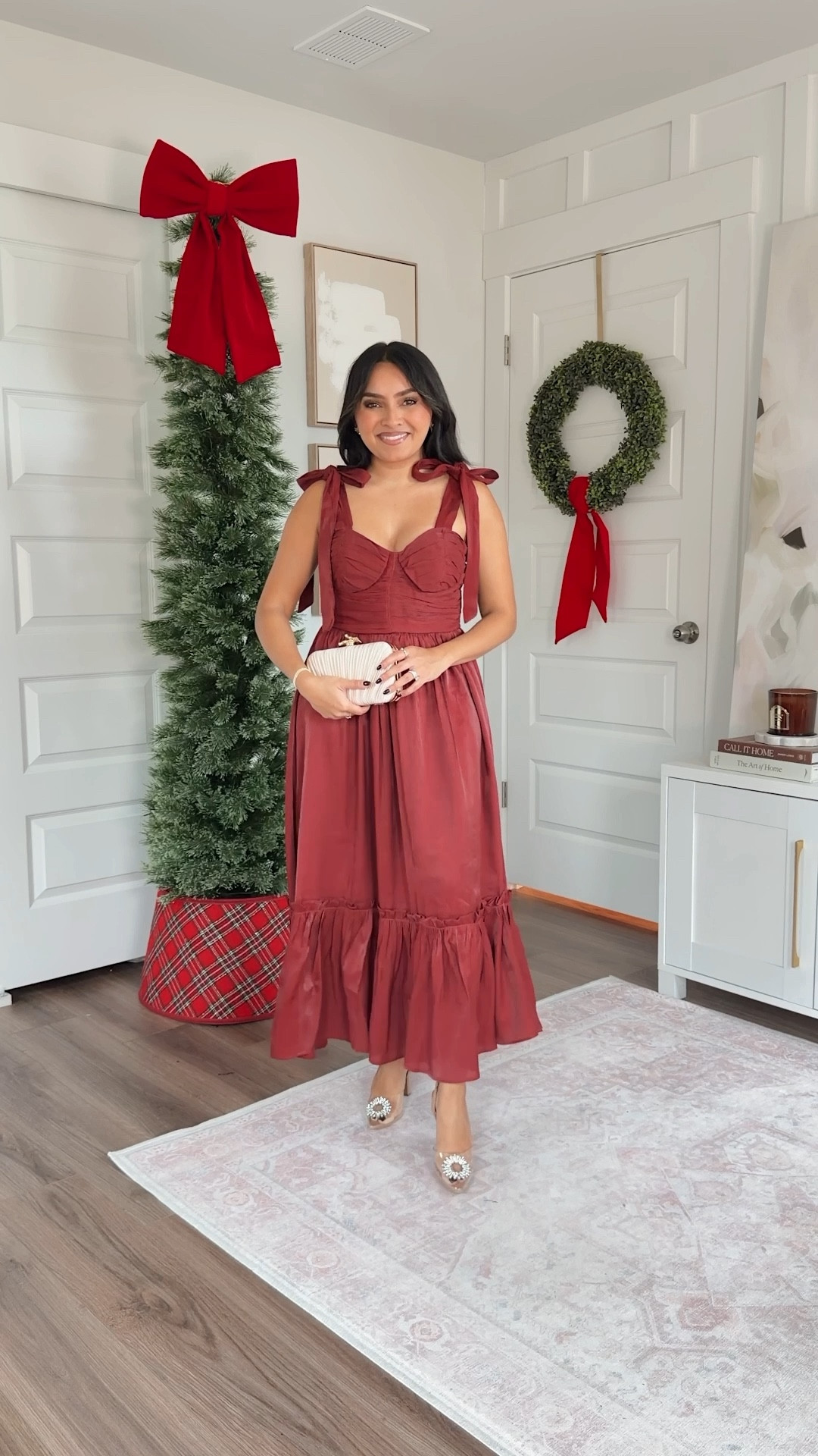 Wine red burgundy tie shoulder dress size small TTS - used my stitchy to take the straps in!
Rhinestone heels - similar linked


#LTKHoliday #LTKCyberWeek #LTKPetite