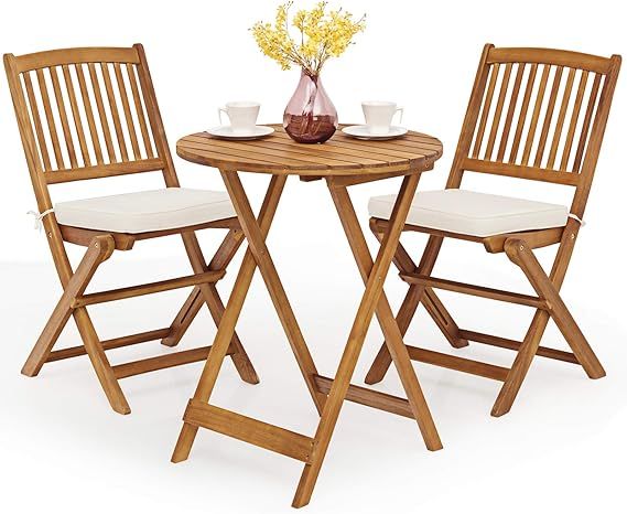 Tangkula 3 PCS Patio Folding Bistro Set, Outdoor Acacia Wood Chair and Table Set w/Padded Cushion... | Amazon (US)
