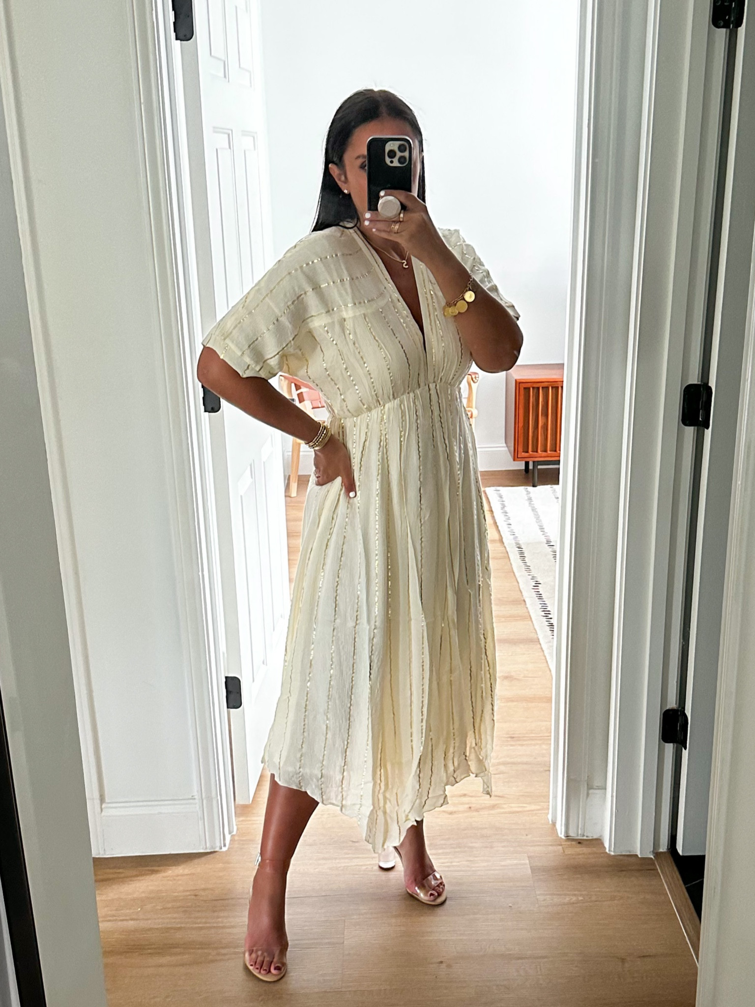 Red Dress Always Shimmering Ivory Midi dress wearing size small