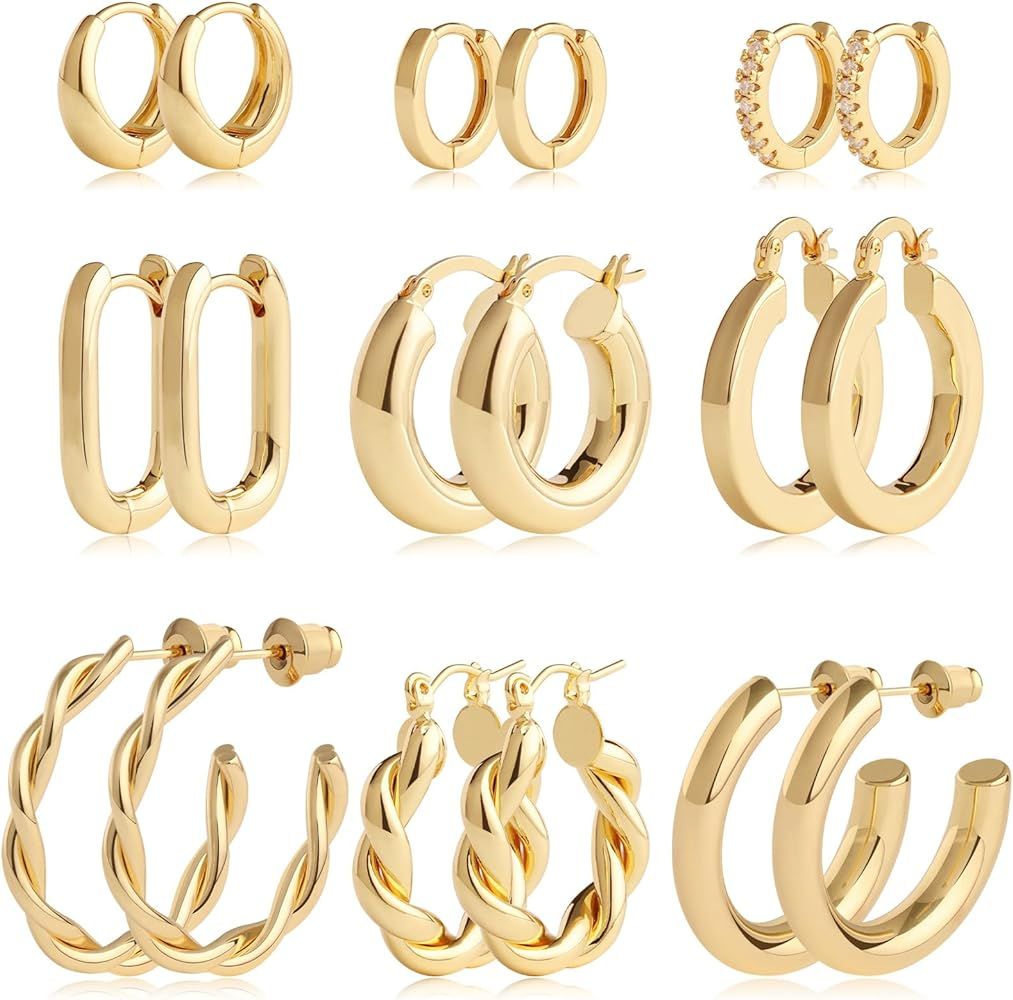 Amazon.com: Gold Hoop Earrings Set 14k Gold Plated Huggie Earrings Hypoallergenic Chunky Twisted ... | Amazon (US)