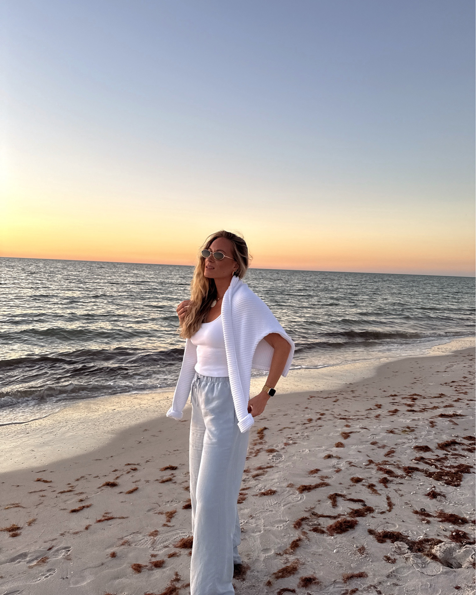 tonight’s sunset outfit! amazon tank small, aritzia linen lodge pants small, frank & eileen sweater and amazon sunglasses. 🤍 

#LTKootd #LTKgrwm