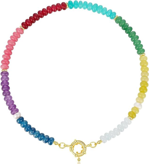 KissYan Beaded Gemstone Necklace for Women, Colorful Boho Bead Choker Necklace Natural Stone Fres... | Amazon (US)