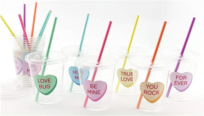 Conversation Heart Valentines Day Party Cups - Set of 12 with Lid and Straws | Amazon (US)