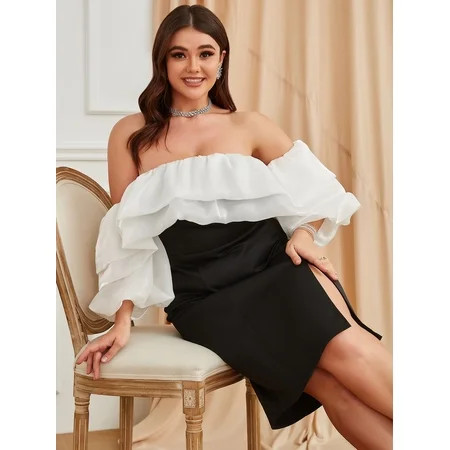Women s Plus Off Shoulder Tiered Layer Lantern Sleeve Two Tone Dress 2022 Black and White Elegant A0 | Walmart (US)