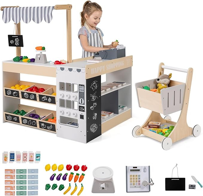 Costzon Kids Grocery Store Playset, Wooden Play Store w/Lights & Sound, Shopping Cart, Blackboard... | Amazon (US)
