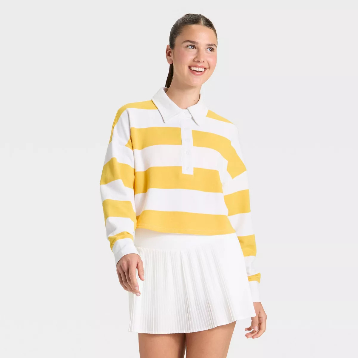 Women's Game Day Striped Cropped Long Sleeve Polo T-Shirt - JoyLab™ | Target