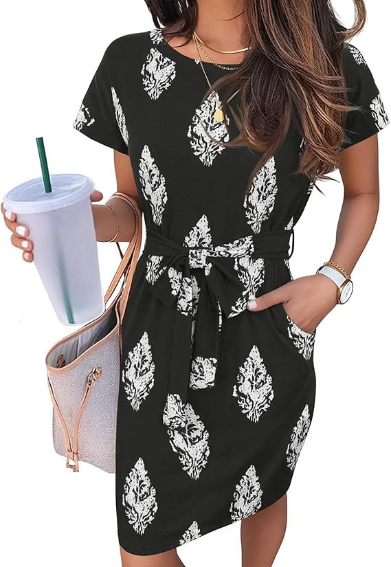 MEROKEETY Women's 2026 Summer Casual T Shirt Dress Short Sleeve Striped Tie Waist Work Vacation T... | Amazon (US)