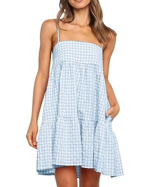 Womens Plaid A-line Dresses Shoulder Straps Ruffle Hem Casual Mini Dress with Side Pocket | Amazon (US)