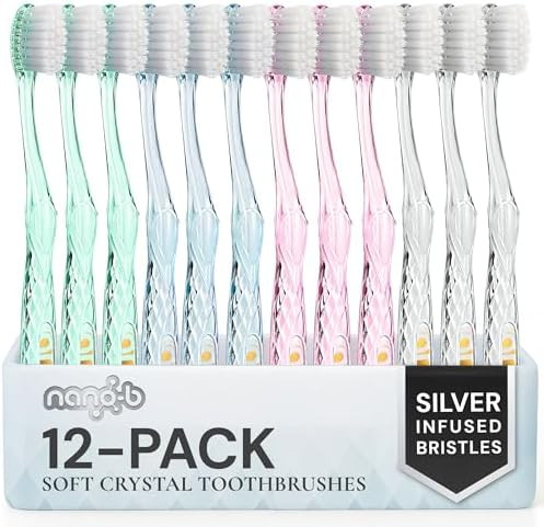 Nano-b Manual Toothbrush Set for Adults with Sensitive Gums, Silver Soft/Medium Bristles, Travel Cases, Blue, Pink, Green, Crystal, 12-Pack | Amazon (US)