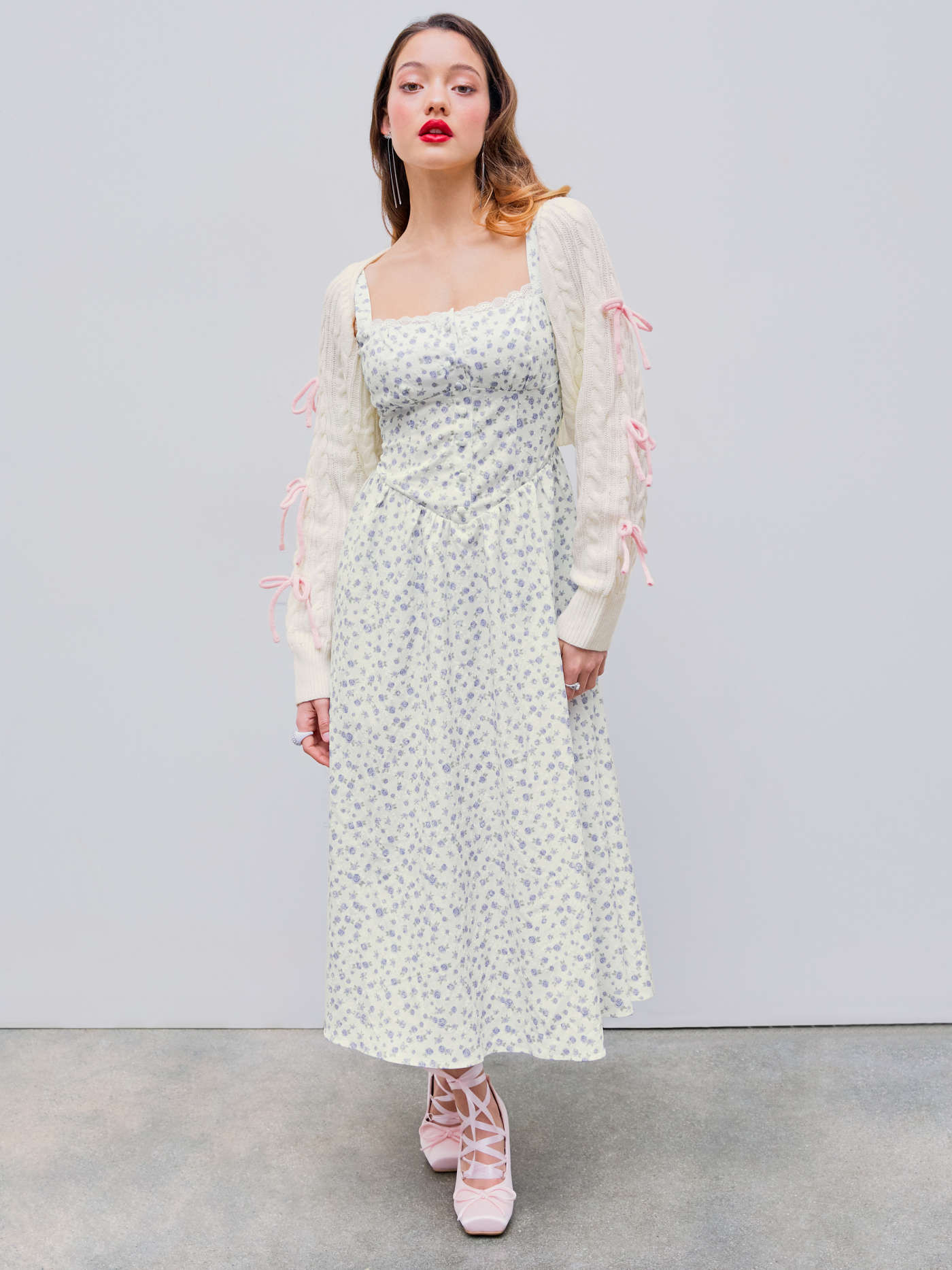 Square Neck Floral Corset Lace Up Midi Dress | Cider