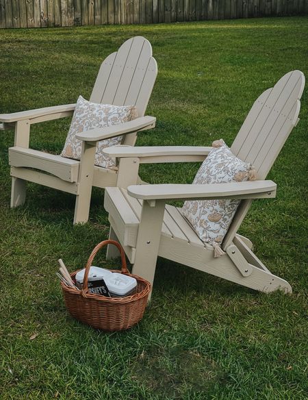 Adirondack chairs with outdoor pillows and basket. Picnic basket. Fire roasting sticks  

#LTKSeasonal #LTKHome #LTKSummerSales