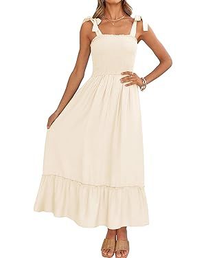 ZESICA Women's 2024 Summer Boho Spaghetti Strap Square Neck Solid Color Ruffle A Line Beach Long ... | Amazon (US)