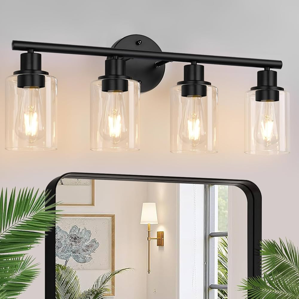 4-Light Bathroom Light Fixtures, Matte Black Modern Vanity Lights Over Mirror with Clear Glass Sh... | Amazon (US)