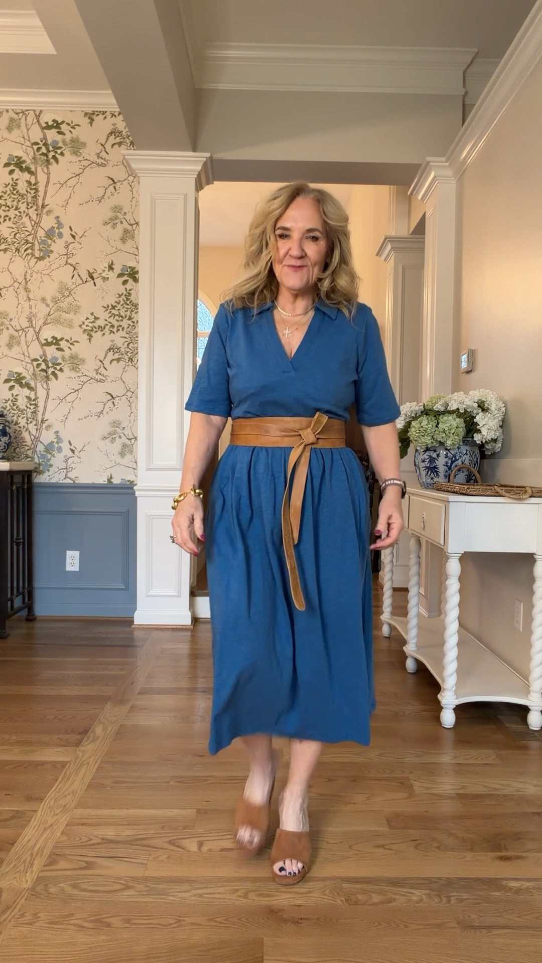 Boden knit dress size 10 regular not a petite. You probably don’t need to size up. But I love the jersey dress. 
Belt is one size. 
Suede sandals tts 

#LTKSaleAlert #LTKPetite #LTKOver40