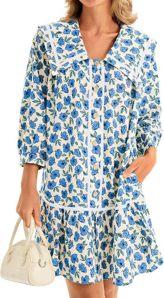 Wenrine Womens Casual Shirt Dresses 3/4 Long Sleeve Floral Button Down Flowy Babydoll Fall Mini D... | Amazon (US)