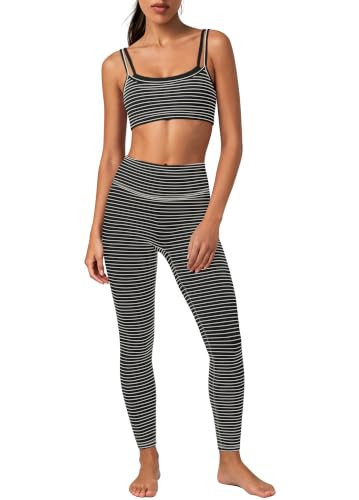 SENSERISE Womens Striped Workout Sets Leggings 2 Piece(Black White,XS) | Amazon (US)
