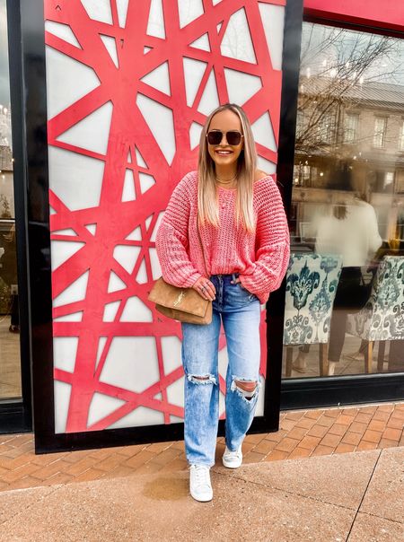 Pink sweater, Valentine’s Day outfit, red dress boutique jeans, white sneakers, pearl sneakers, ysl bag, amazon sunglasses, distressed jeans, knit sweaters 

#LTKstyletip #LTKFind #LTKunder50