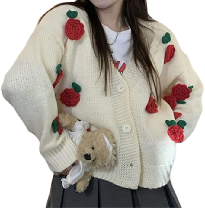 HOULENGS Women's Strawberry Print Button Down Long Sleeve V Neck Crop Cardigan Sweater | Amazon (US)