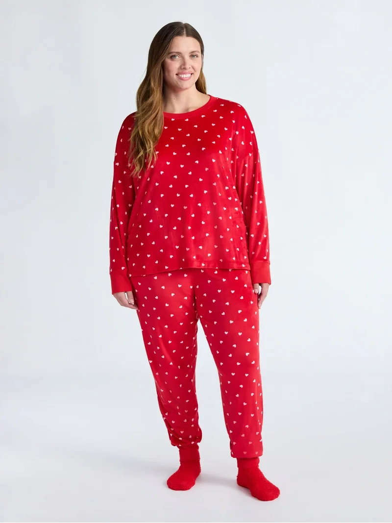 Joyspun Women’s Stretch Velour Long Sleeve Top, Pants, and Socks Pajama Set, 3-Piece, Sizes XS-... | Walmart (US)
