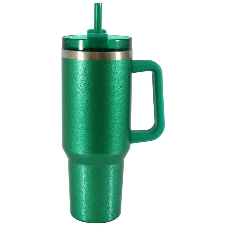 Mainstays 40 oz Stainless Steel Tumbler with Straw and Handle, Double Wall Insulated, Green Hamme... | Walmart (US)